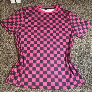 SHEIN Pink and Black Checkered Short Sleeve Tee